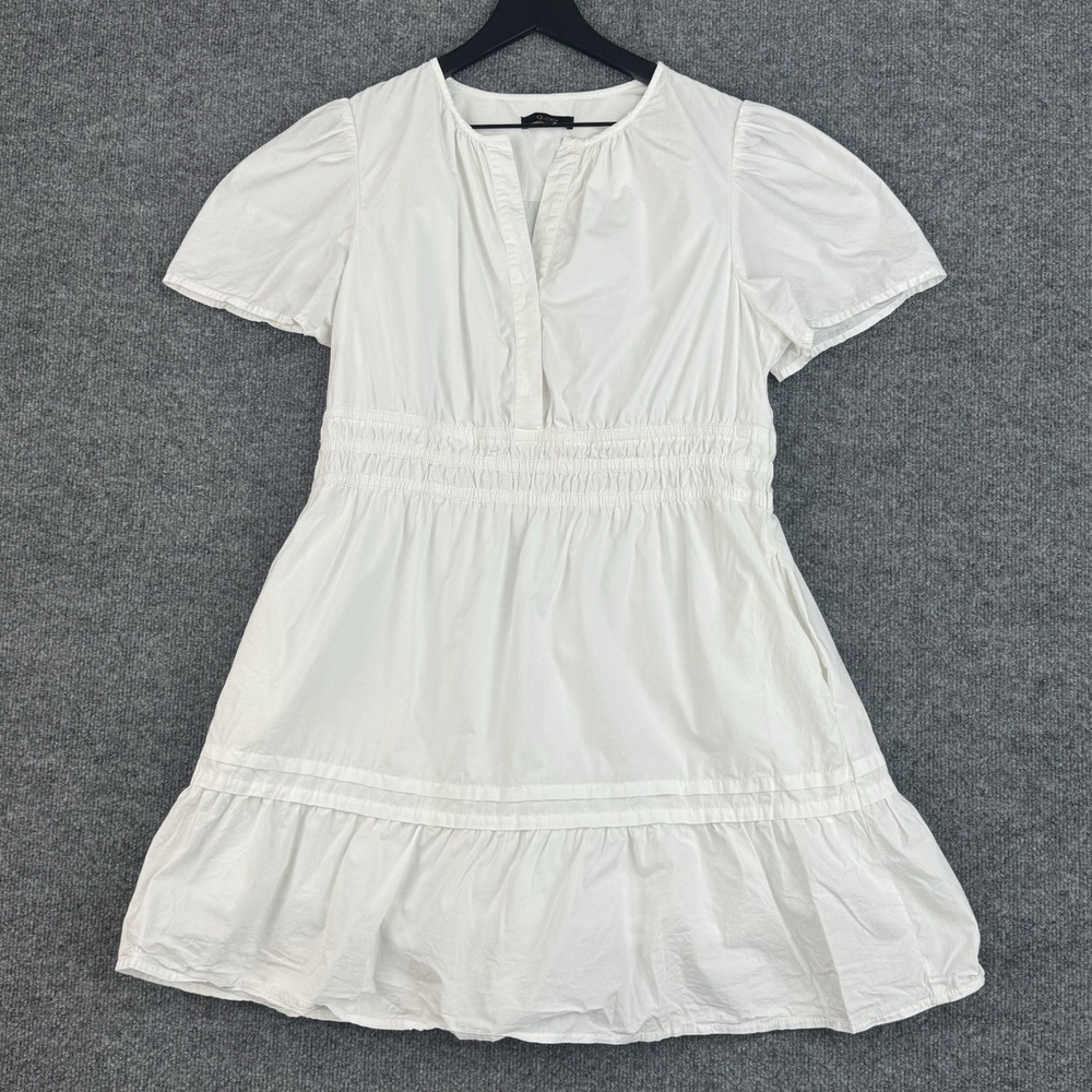 Quince Dress Womens L White Organic Cotton Smocked Waist Tiered Puff Sleeve